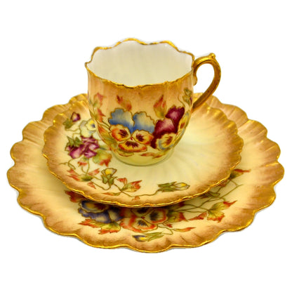 Antique Limoges Floral Porcelain China Teacup, Saucer & Side Plate Trio