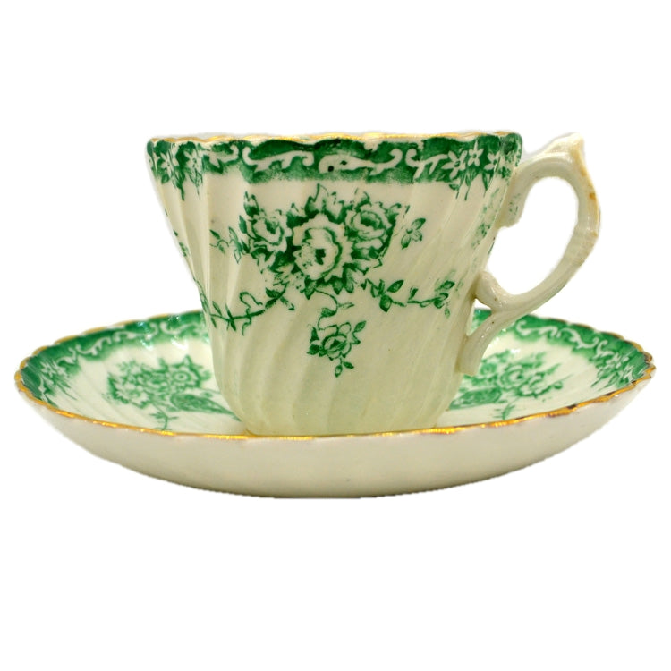 Antique Floral Green and White Bone China Teacup & Saucer