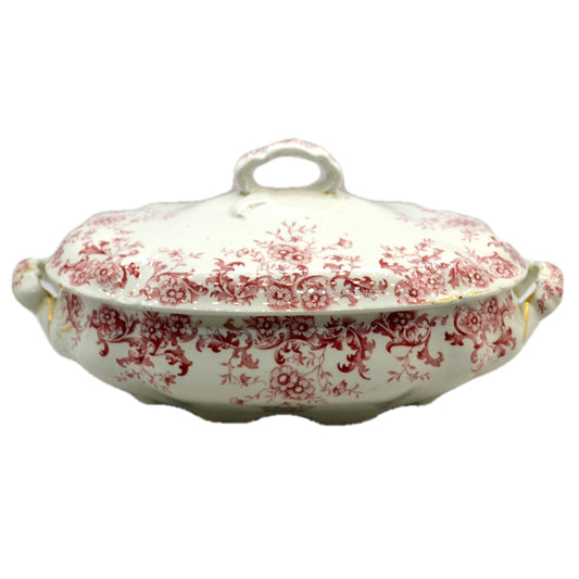 Antique Red & White Floral China 11.5-inch Tureen