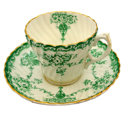 Antique Floral Green and White Bone China Teacup & Saucer