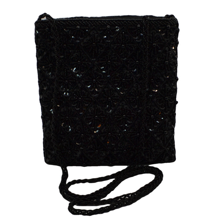 black bead evening bag with long shoulder strap