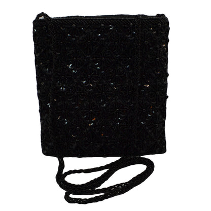 black bead evening bag with long shoulder strap