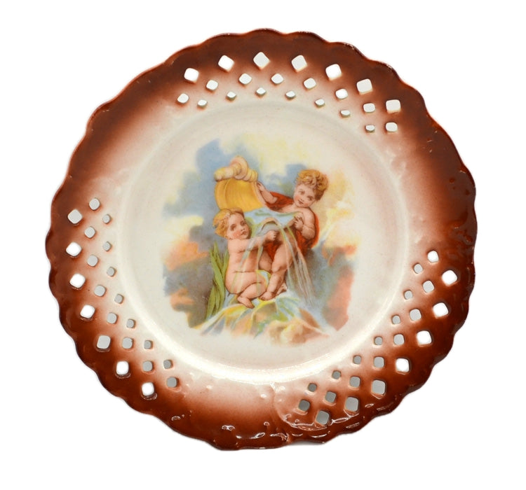 Antique Brown Rim Cherub Pierced China Cabinet Plate