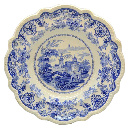 antique canton views blue and white soup bowl