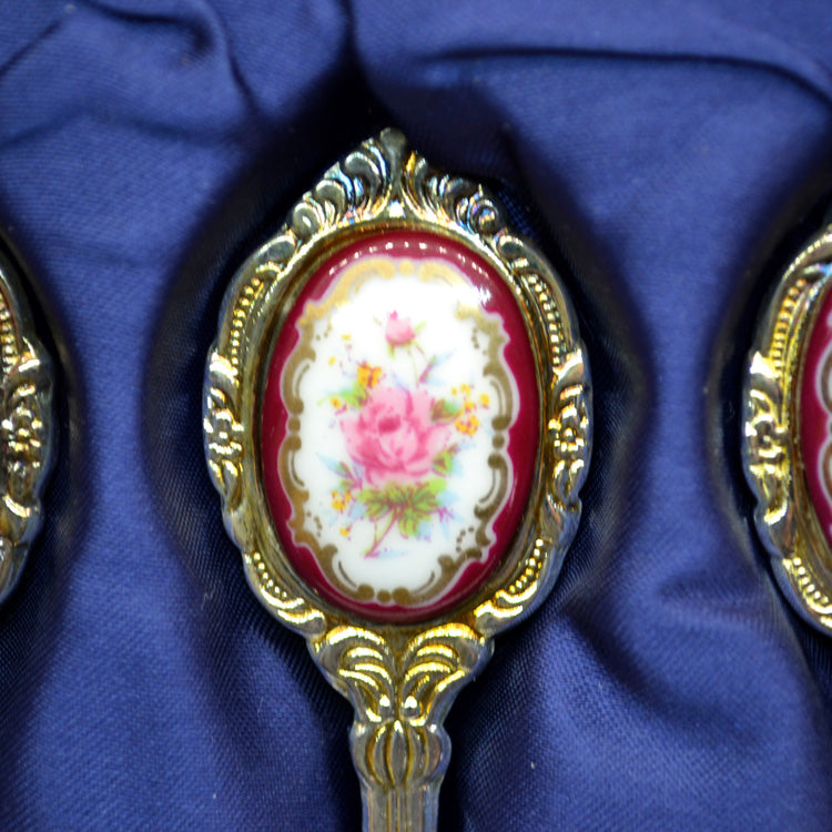 Boxed Set of Six Teaspoon with Floral China Decoration – Vintage