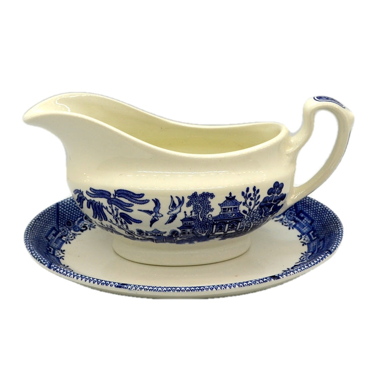 Churchill China Blue and White Willow Gravy boat and Saucer Set