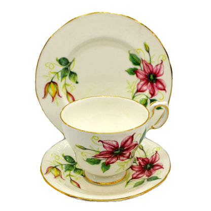 Vintage Paragon Clematis Floral China Teacup Trio