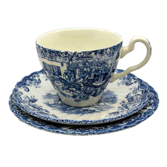 Johnson Bros Blue and White China Coaching Scenes Hunting Country Teacup Trio