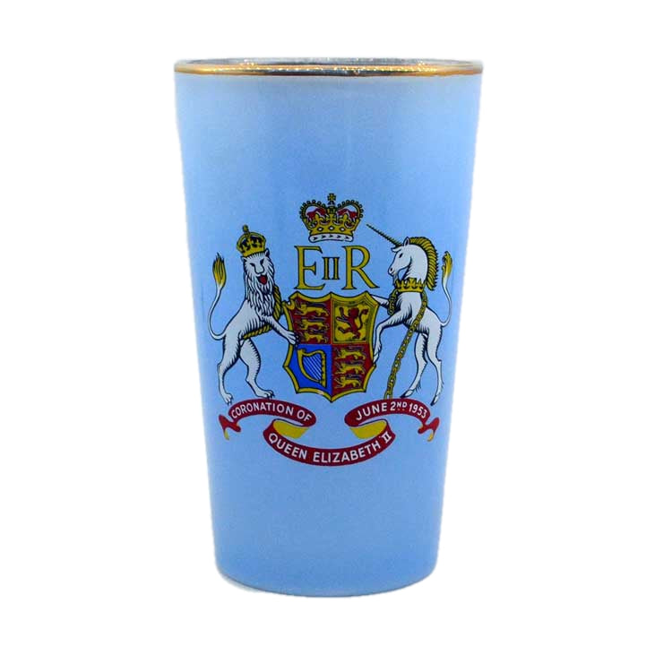 1953 coronation glass beaker in opaque blue glass