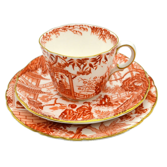Royal Crown Derby Mikado Red and White China Teacup Trio