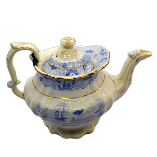 Antique Blue and White Willow Two Temples Teapot c1840