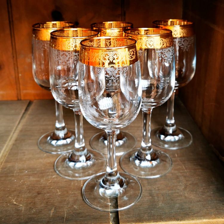 Set of 6 Vintage Gilt Rimmed Wine Glass