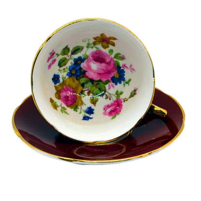 Floral bouquet, gold and maroon vintage china tea set