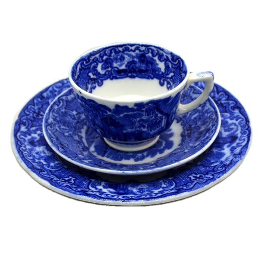 Antique George Jones & Sons Abbey Flo Blue and White China Teacup trio