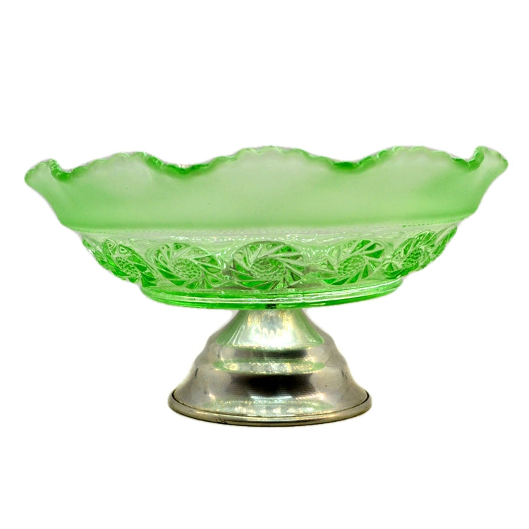 Vintage Pressed Green Glass Pedestal Bowl