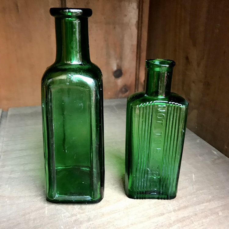 Pair Vintage Cobalt Green Glass Bottles – Vintage Farmhouse Antiques