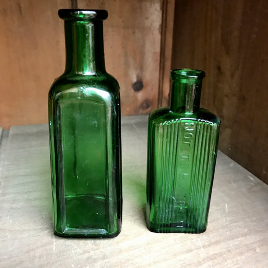 Pair Vintage Cobalt Green Glass Bottles