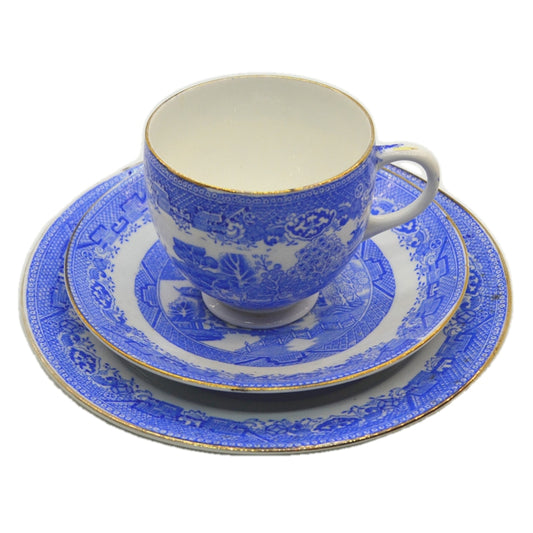 Heathcote Powder Blue and White Willow China Teacup Saucer & Side Plate Trio