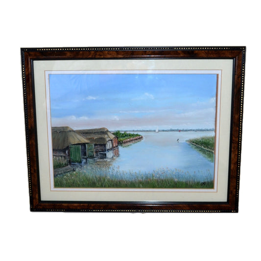 Hickling Broad Norfolk Boat Houses Original Pastel under Glass Picture