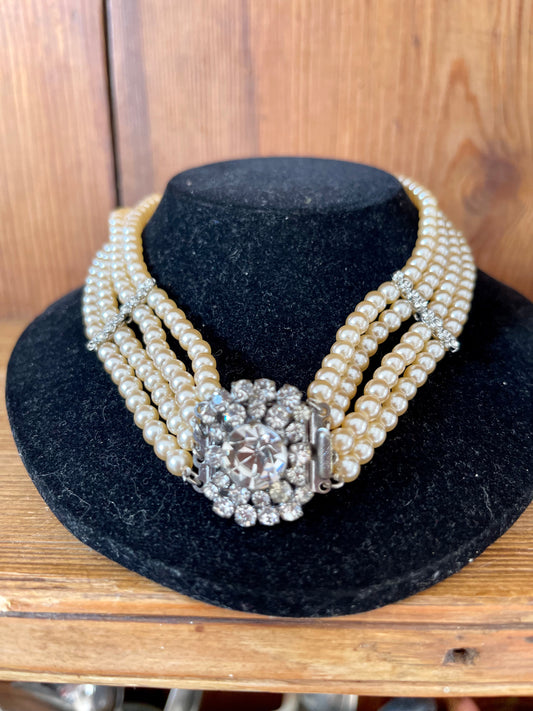 Vintage 1980’s 4 Strand Faux Pearl Choker Necklace With Diamanté Clasp