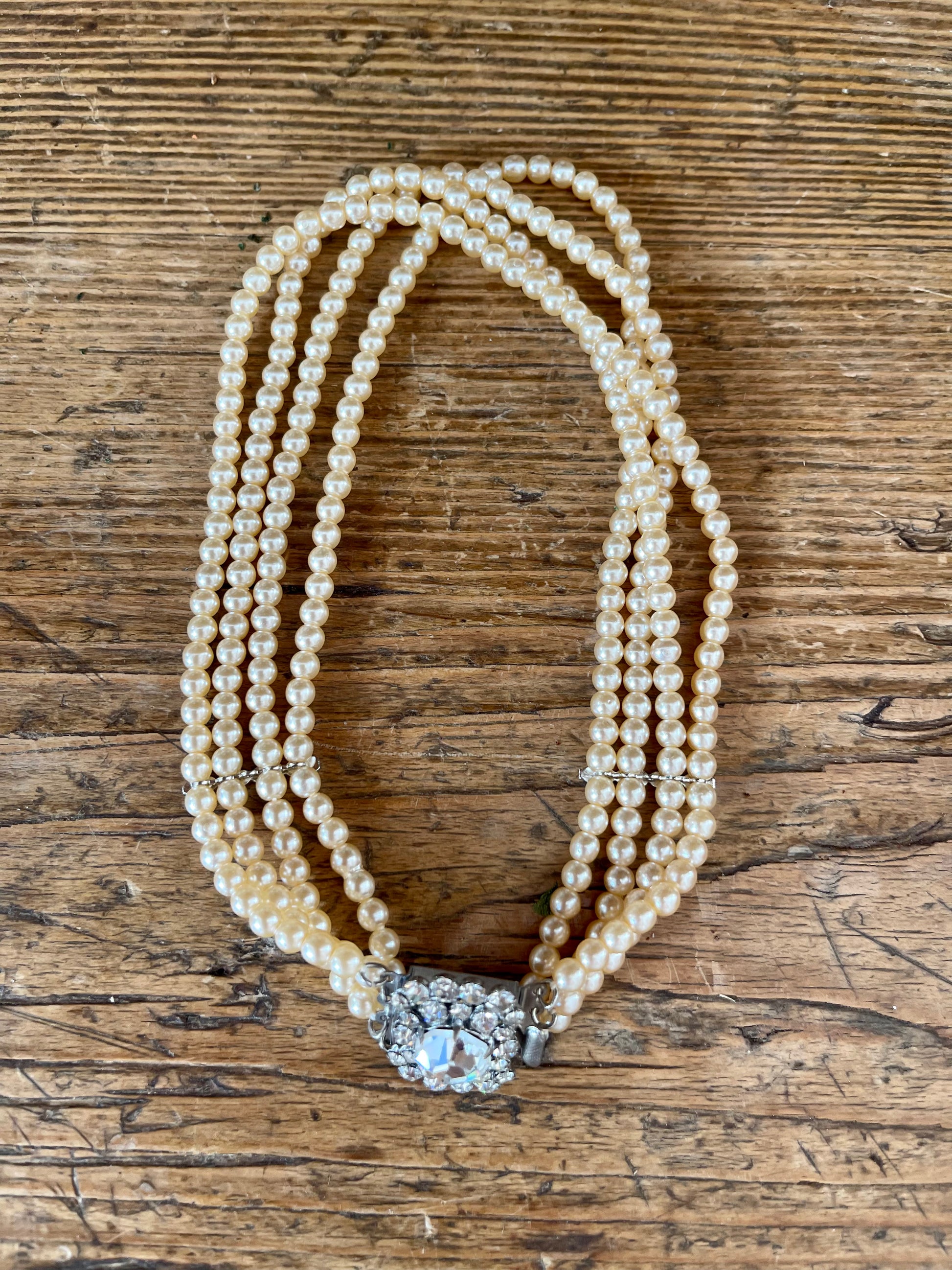 Vintage Strand Faux Pearl Choker Necklace Diamanté Clasp