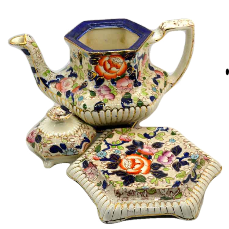 Victorian Gaudy Welsh Hexagonal Teapot and Stand 