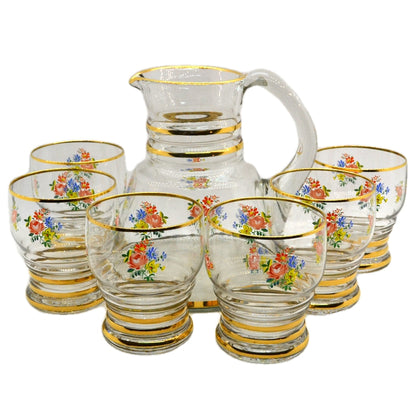 Superb Vintage Floral Painted Glass Jug & Six Tumblers Set