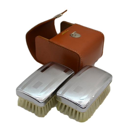 Vintage Nylon and Leather Cased Twin Hair Brush Set