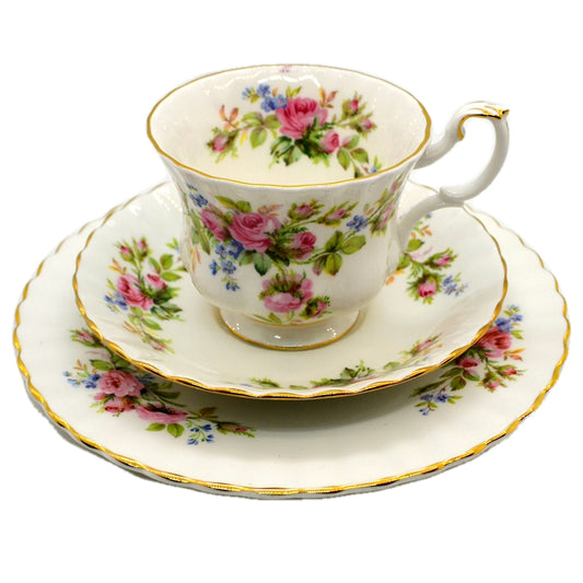 Royal Albert China Moss Rose Tea Cup Saucer & 7.25-inch Side Plate Trio