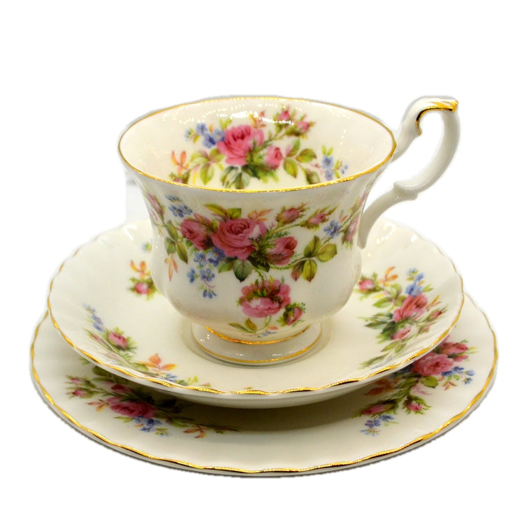 Royal Albert China Moss Rose Tea Cup Saucer & Side Plate Trio