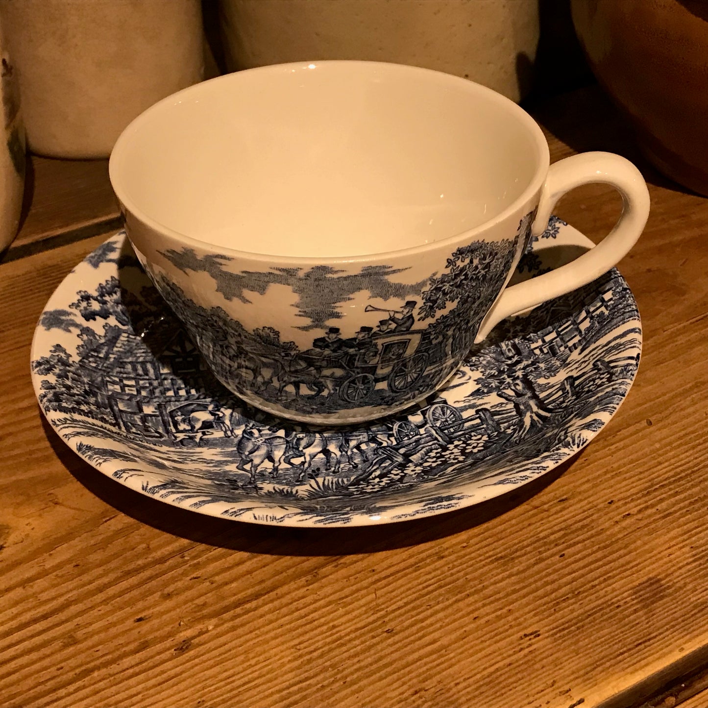 Myott Son & Co Coaching Days large breakfast cup and saucer blue and white china