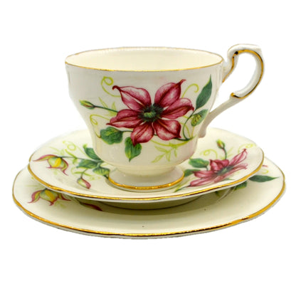 Vintage Paragon Clematis Floral China Teacup Trio