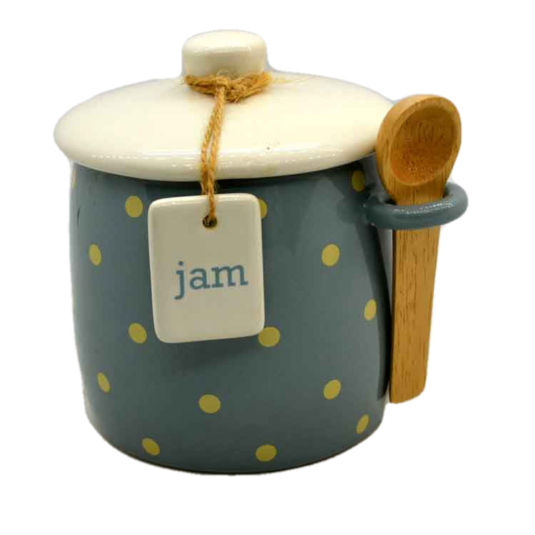 Marks & Spencer Covered Jam Pot Jar & Wooden Spoon Blue Polka Dot