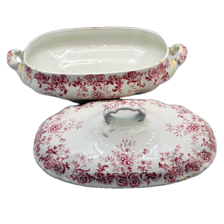 Antique Red & White Floral China 11.5-inch Tureen