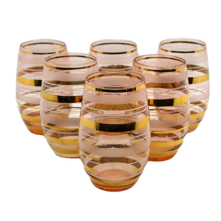 Set of Six Retro Rose Glass and Gilt Tumbler Glasses