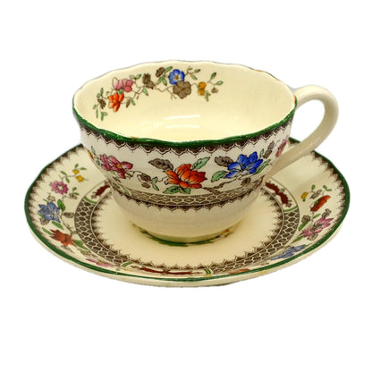 Spode China Chinese Rose Green Rim Breakfast Cup and Saucer