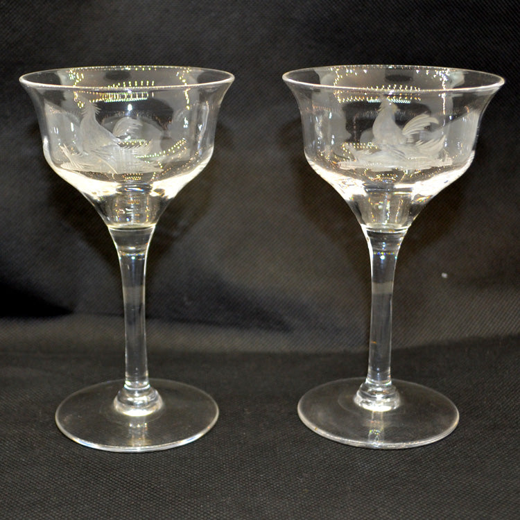 A Pair of English Ogee Bowl Fine Etched Wine Glasses