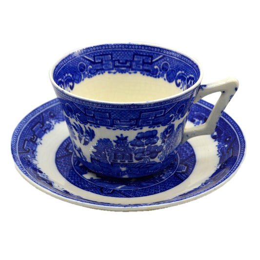 Victoria Porcelain Blue and White Willow Teacup and Saucer