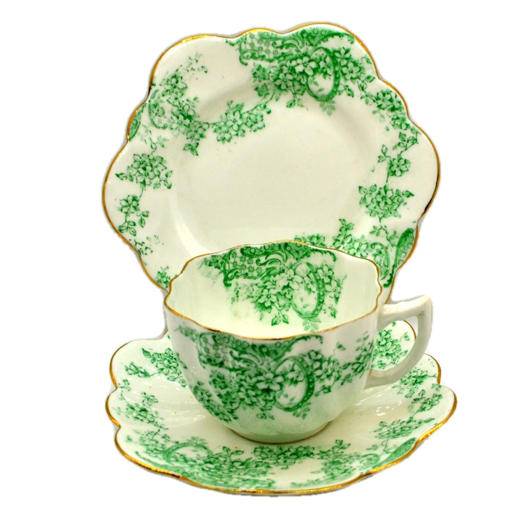 Antique Floral Green and White Bone China Teacup Trio