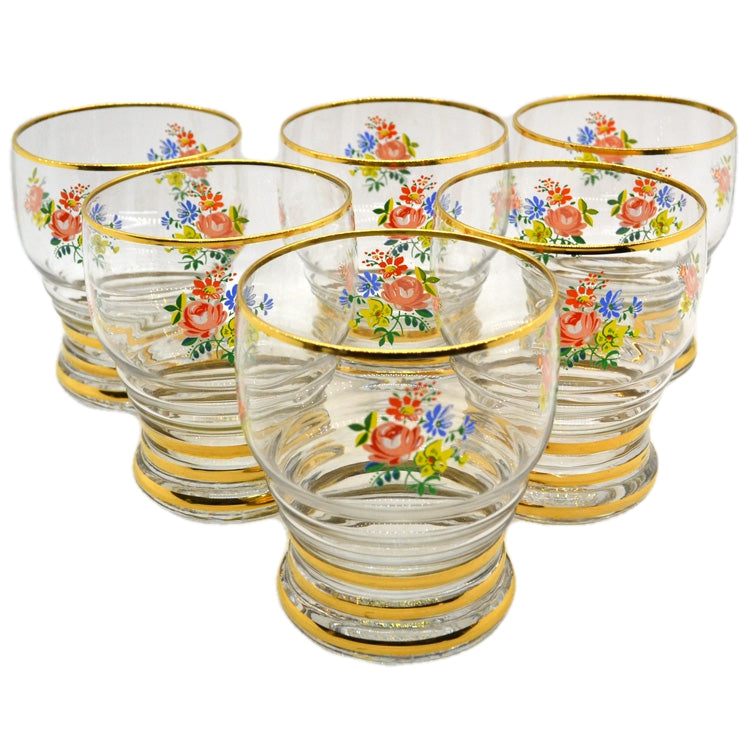 Superb Vintage Floral Painted Glass Six Tumblers Set