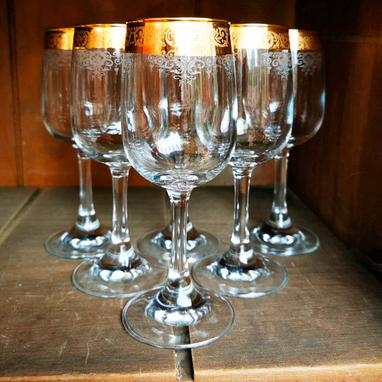 Set of 6 Vintage Gilded Rim Wine Glasses 