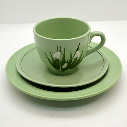 Vintage Holkham Studio Pottery China Snowdrop Teacup Trio