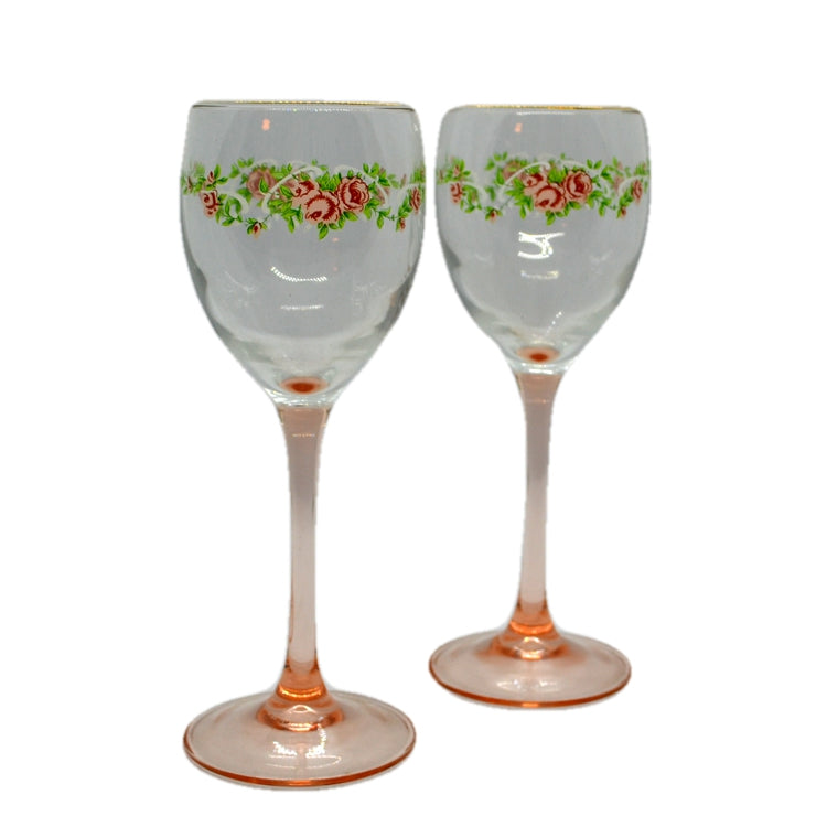 Vintage wine glasses pink stem floral design