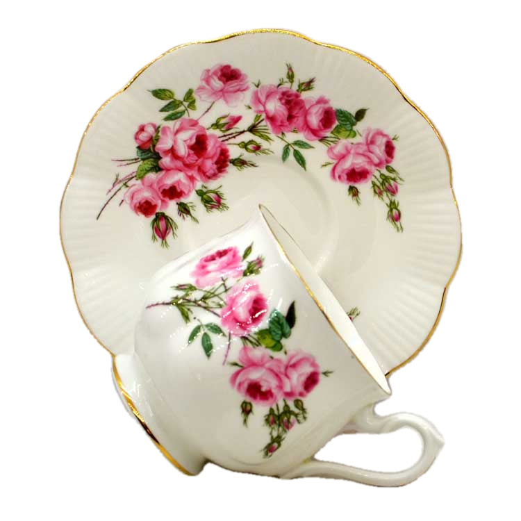 Royal Albert China Pink Roses Hampton Shape Teacup Ribbed Saucer and Side Plate