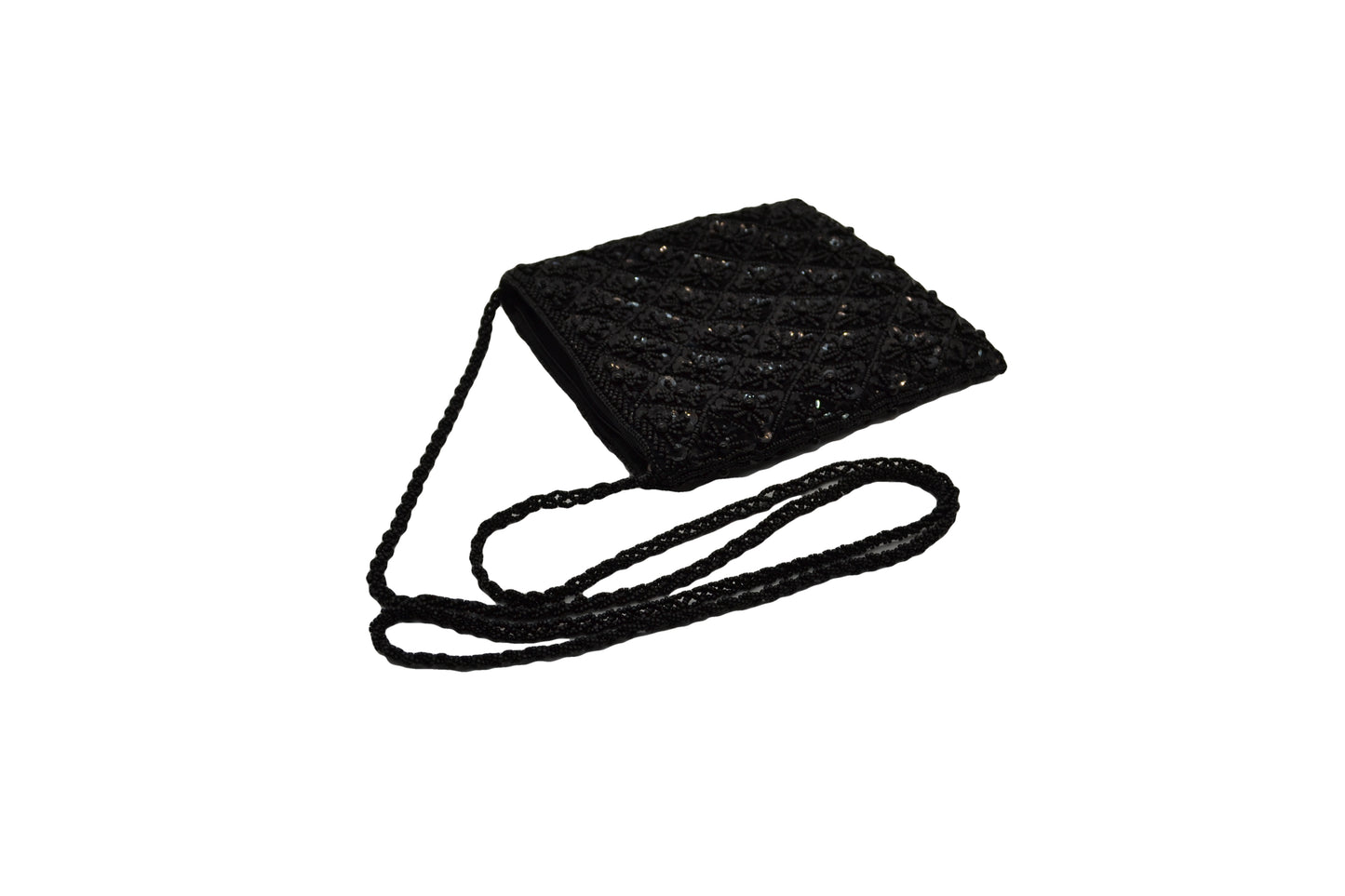 black evening bag with bead decoration and shoulder strap