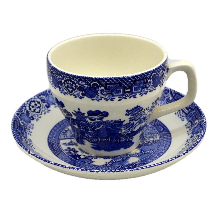 Woods Ware Blue and White Willow China Breakfast Cup and Saucer c1930